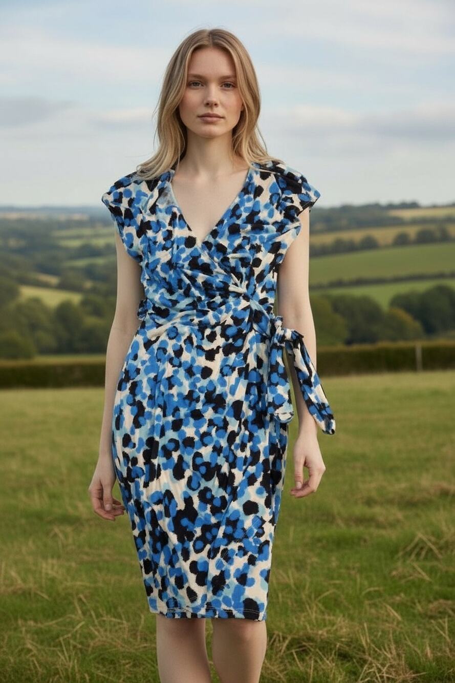 Maggie London Women's Blue White Black V Neck Wrap Dress Size US 6